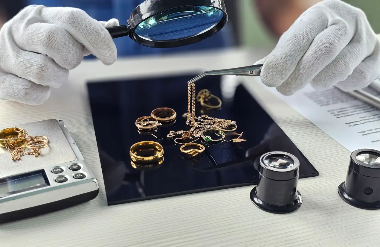 Someone wearing gloves valuating gold jewelry 