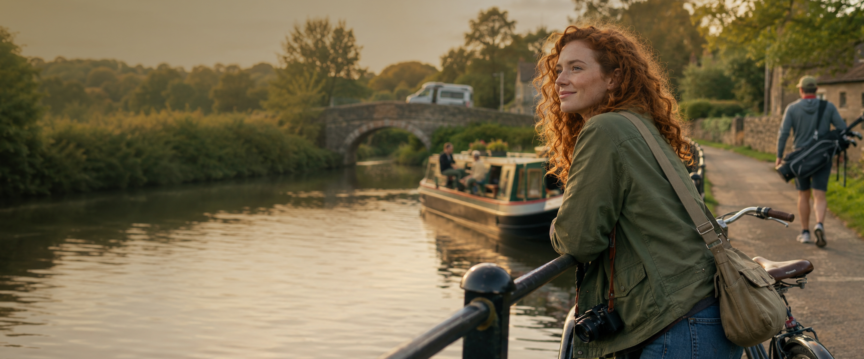Lady overlooking canal with her bike